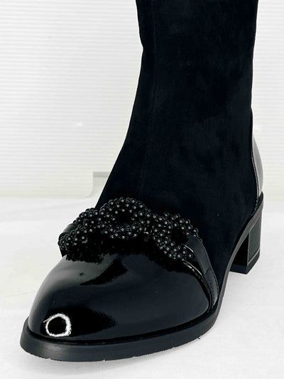 Black Boot With Patent Toe & Beading Detail