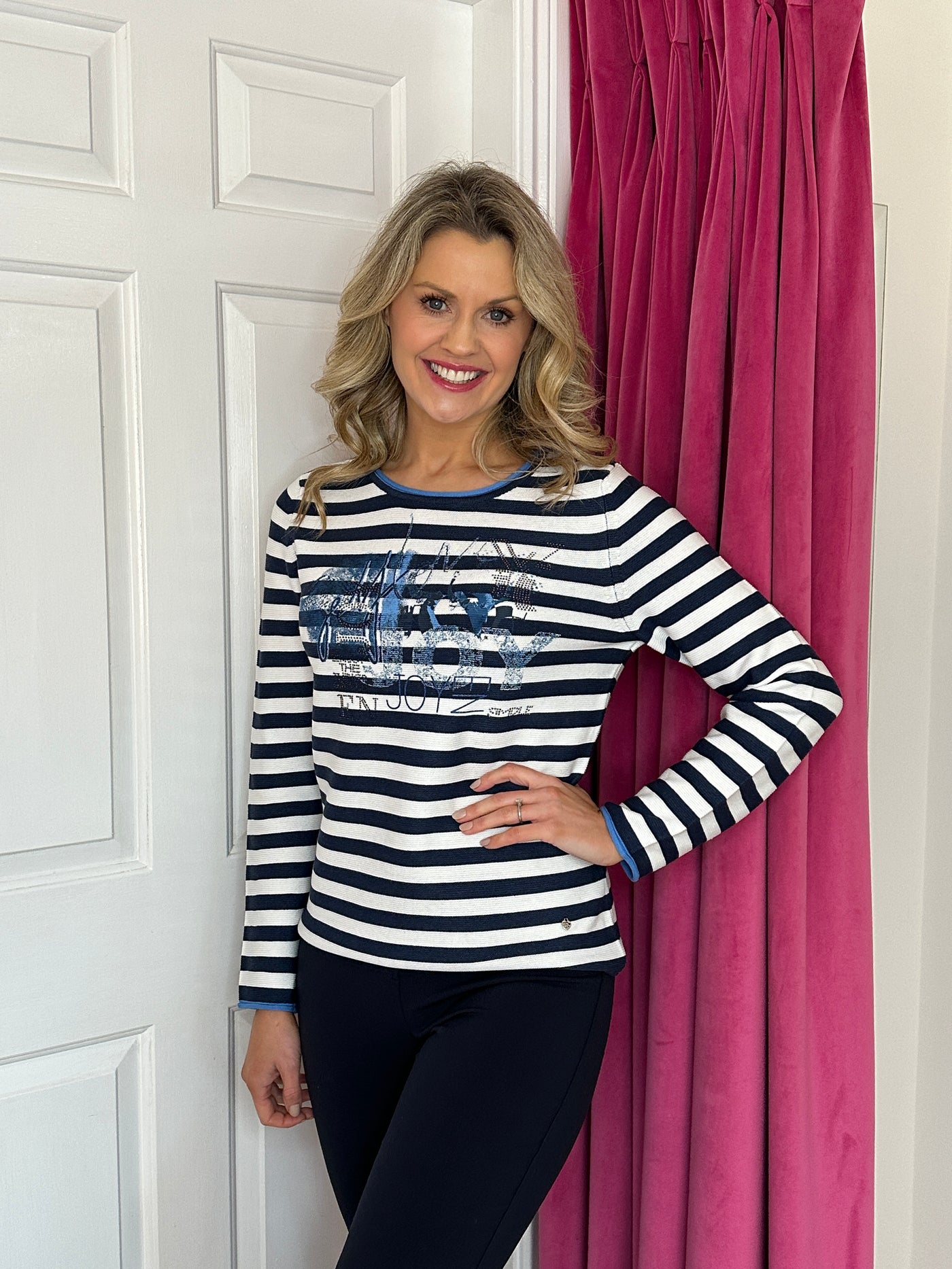 Navy & White Striped Knit Jumper with Graphic Print