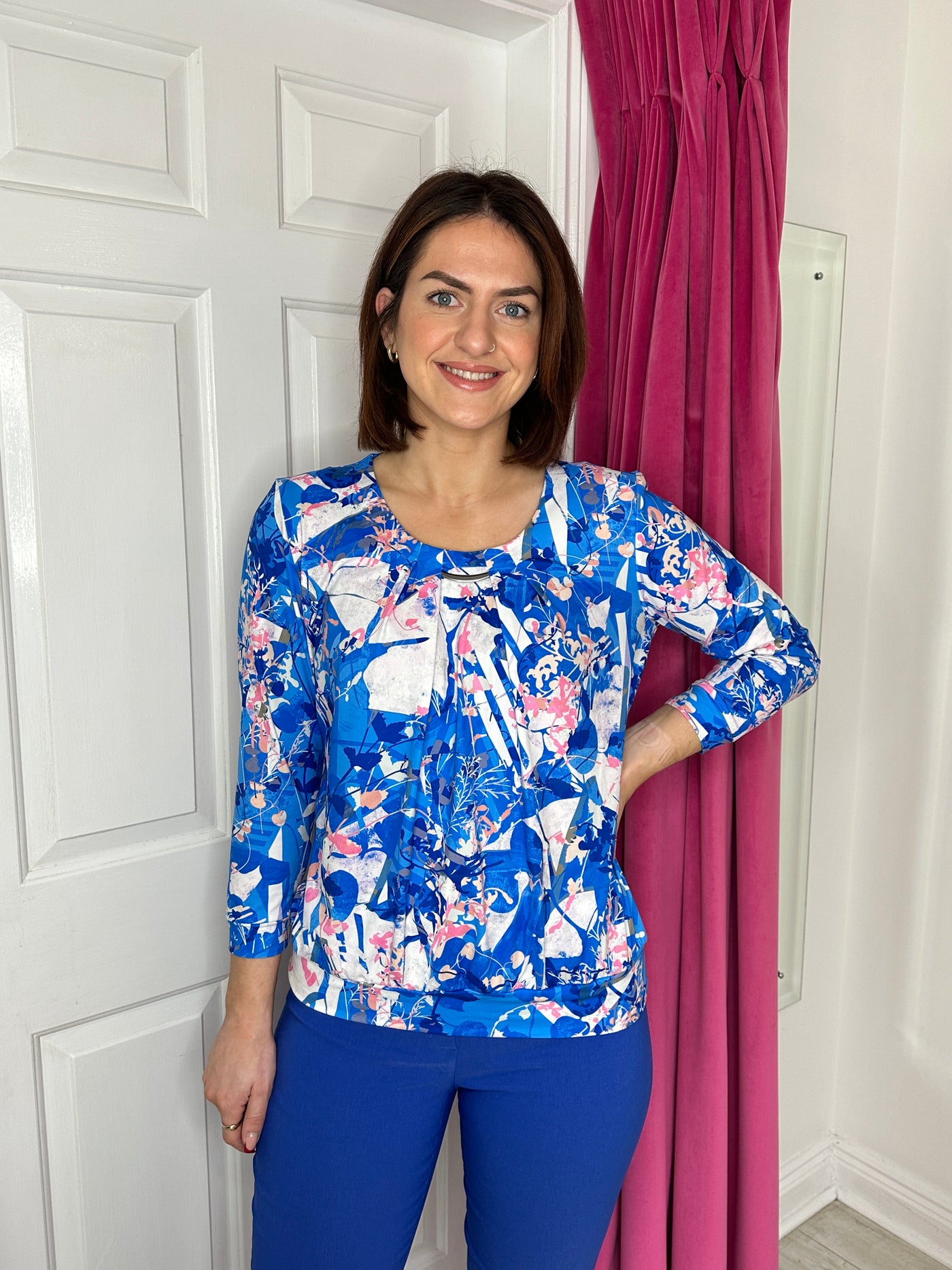 Blue, Pink & White Floral Print Top with 3/4 Sleeve