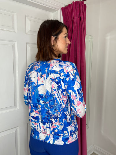 Blue, Pink & White Floral Print Top with 3/4 Sleeve