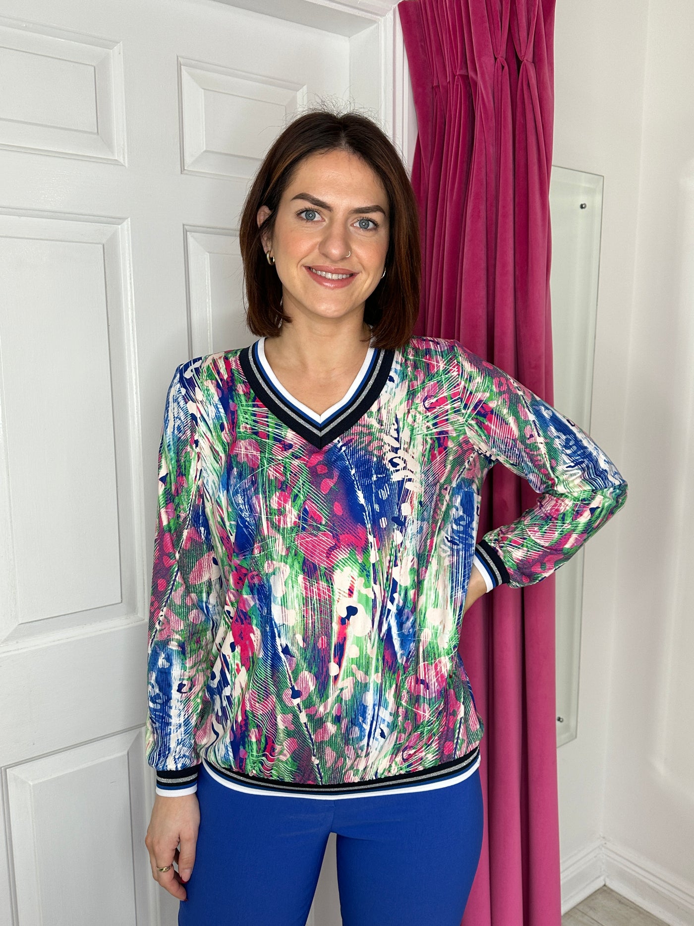 Green, Blue & Pink Multiprint V-Neck Top with Silver Detailed Trim