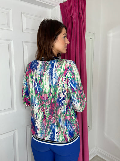 Green, Blue & Pink Multiprint V-Neck Top with Silver Detailed Trim