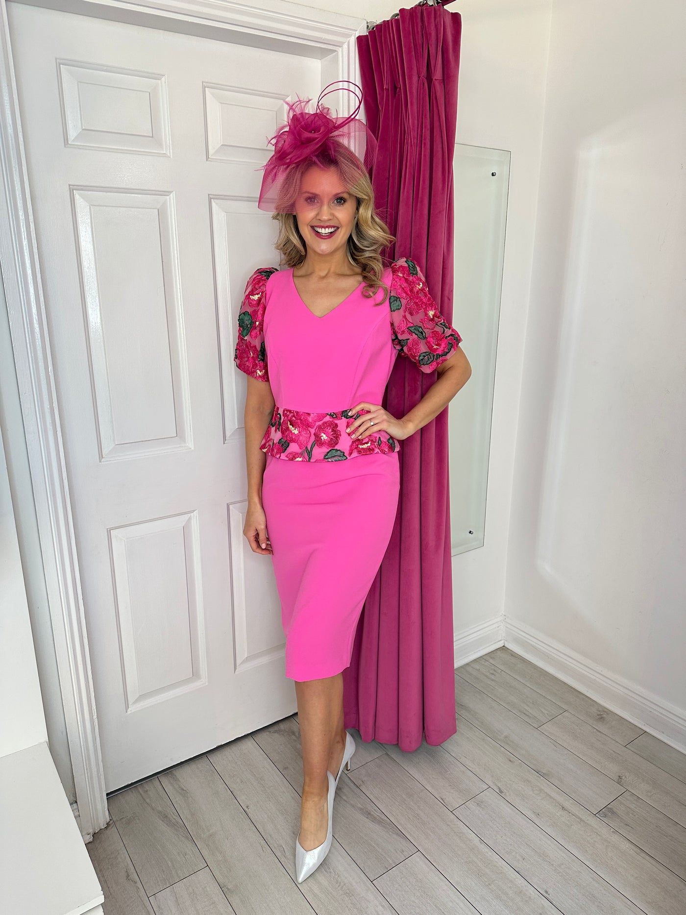 Hot Pink Peplum V-Neck Dress with Bell Sleeves & Floral Detail
