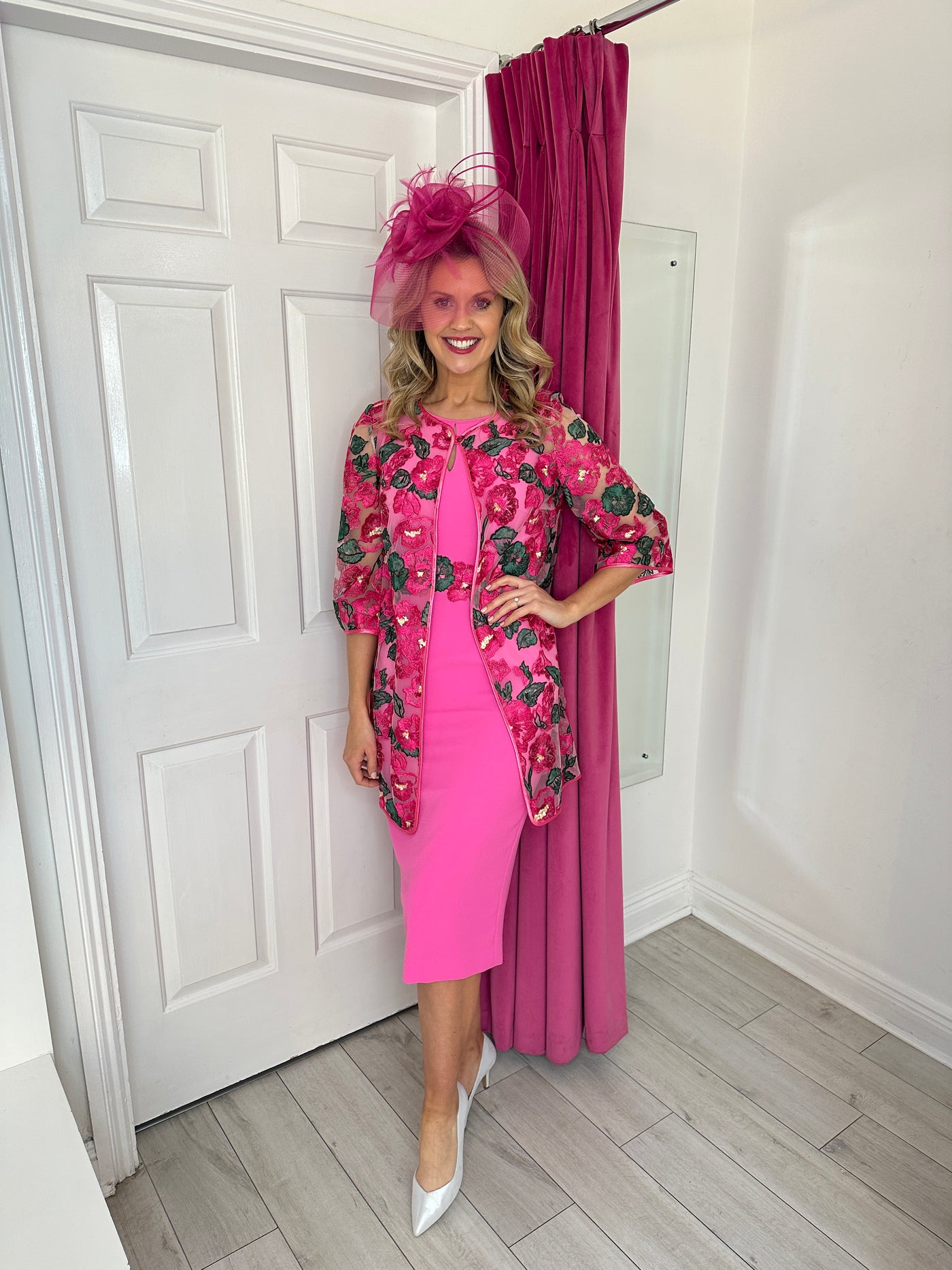 Hot Pink Two Piece Dress with Sheer Floral Jacket