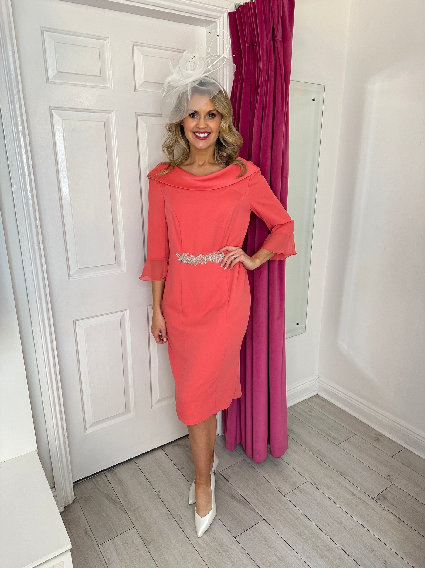 Deep Coral Cowl Neck Dress with Front Embellishment