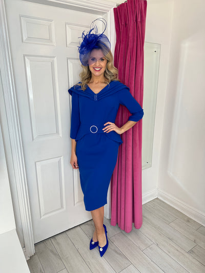 Royal Blue Dress With Peplum Effect & Diamonte Detail
