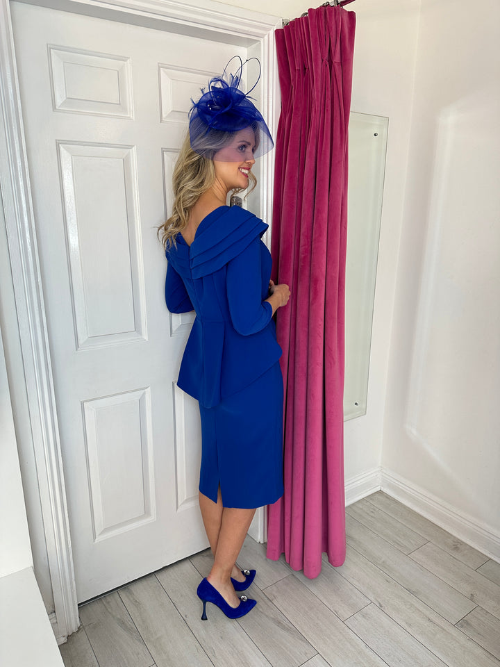 peplum royal blue dress Womens Peplum Pencil Dress Modest Structured Work Dress with Elbow Sleeves Navy / M