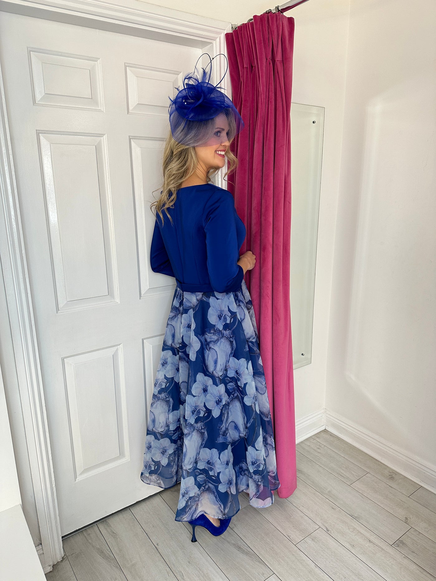 Colbalt Floral Dress with Flower & Diamonte Shoulder Detail