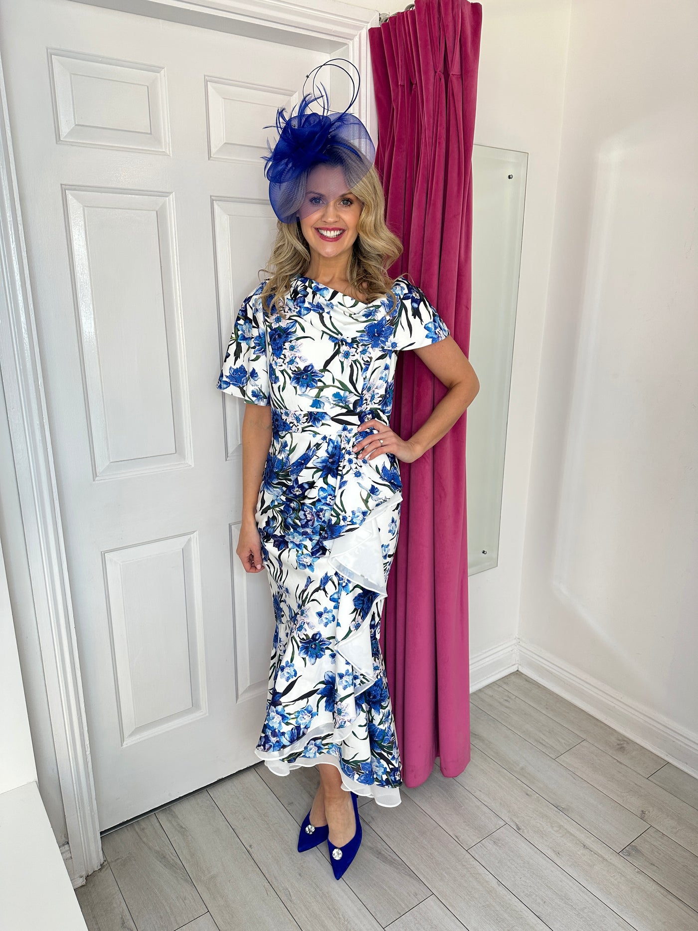 White & Royal Blue Floral Print Off the Shoulder Dress with Waterfall Effect