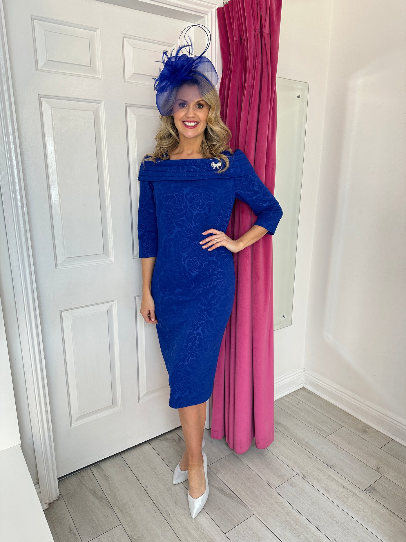 Dorothy Royal Blue Embossed Dress with Brooch Detail