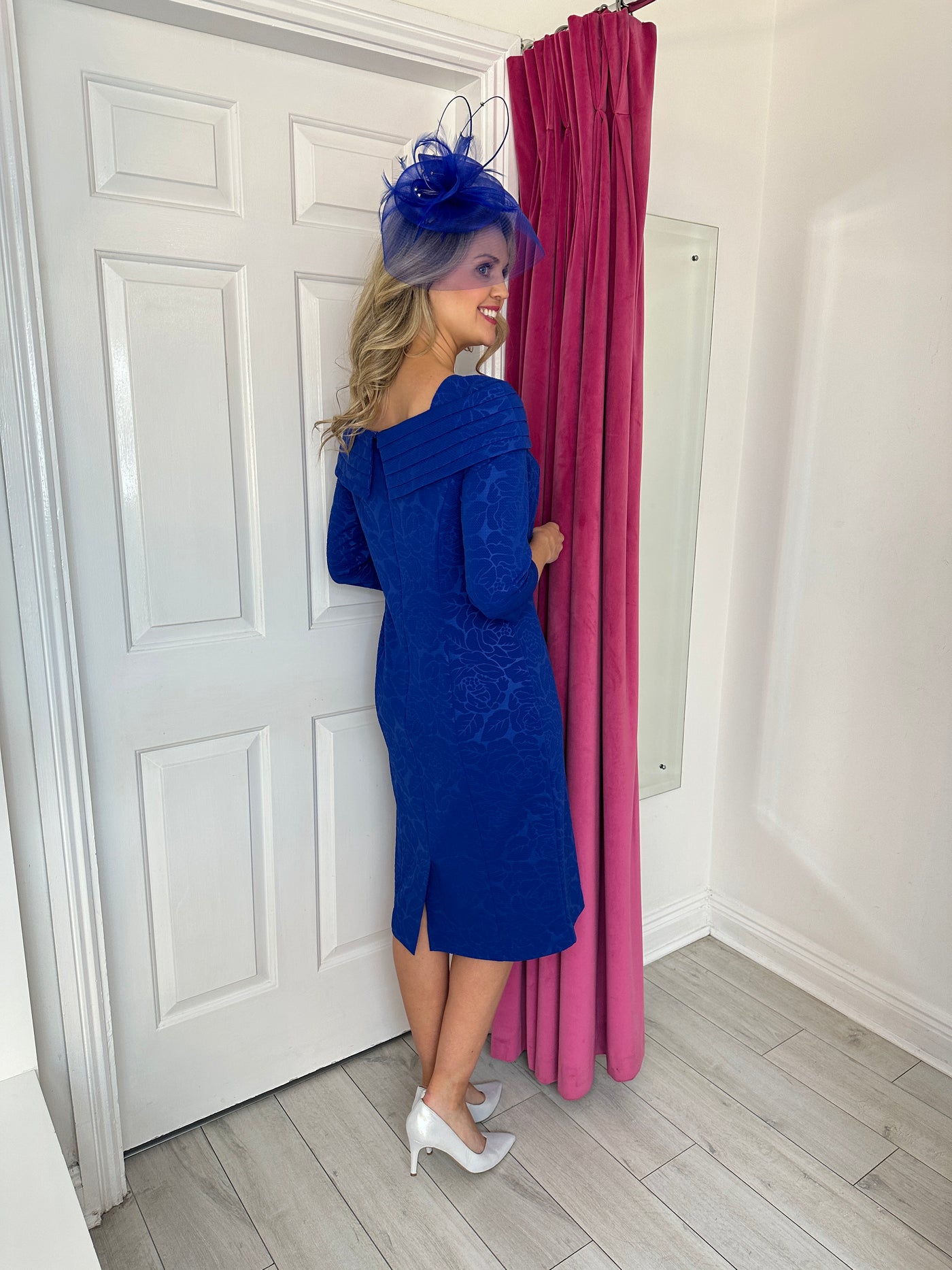 Dorothy Royal Blue Embossed Dress with Brooch Detail