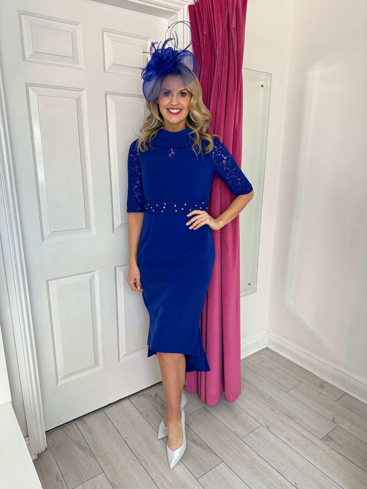 Royal Blue Dress With Lace Sleeves