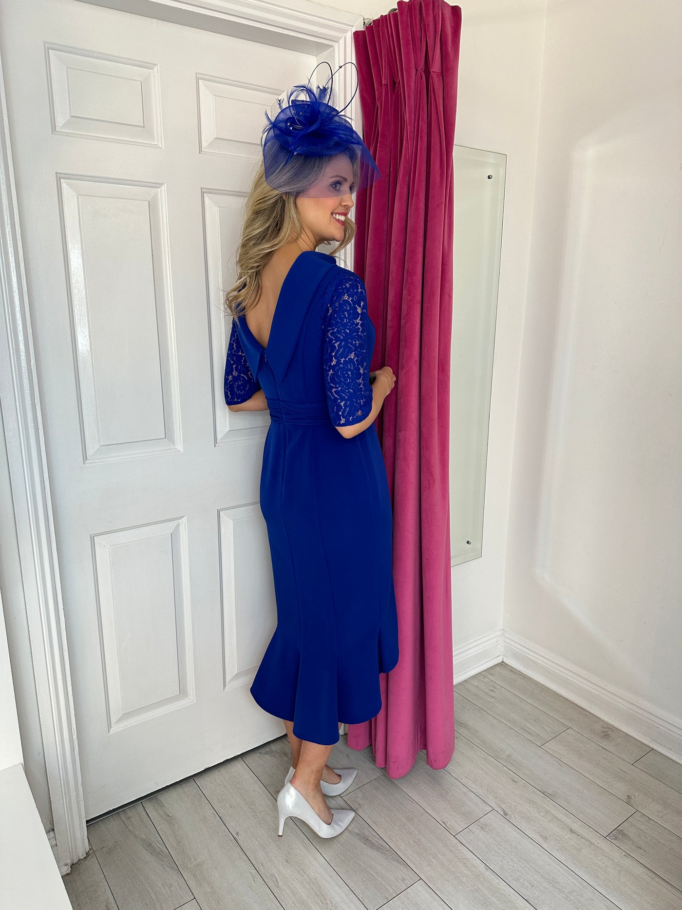 Royal Blue Dress With Lace Sleeves