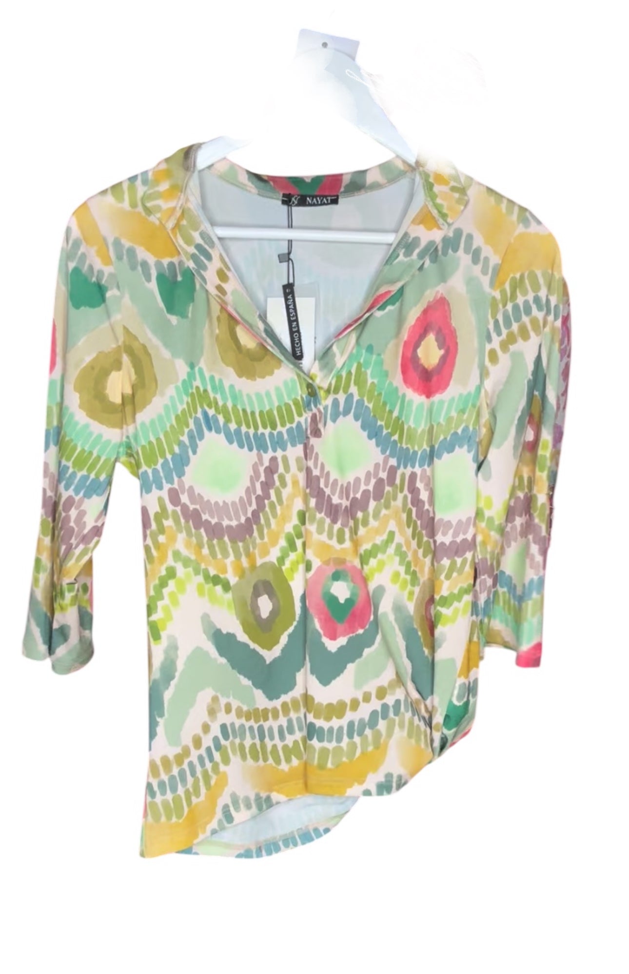 Green Abstract Print Grandfather Collar Top