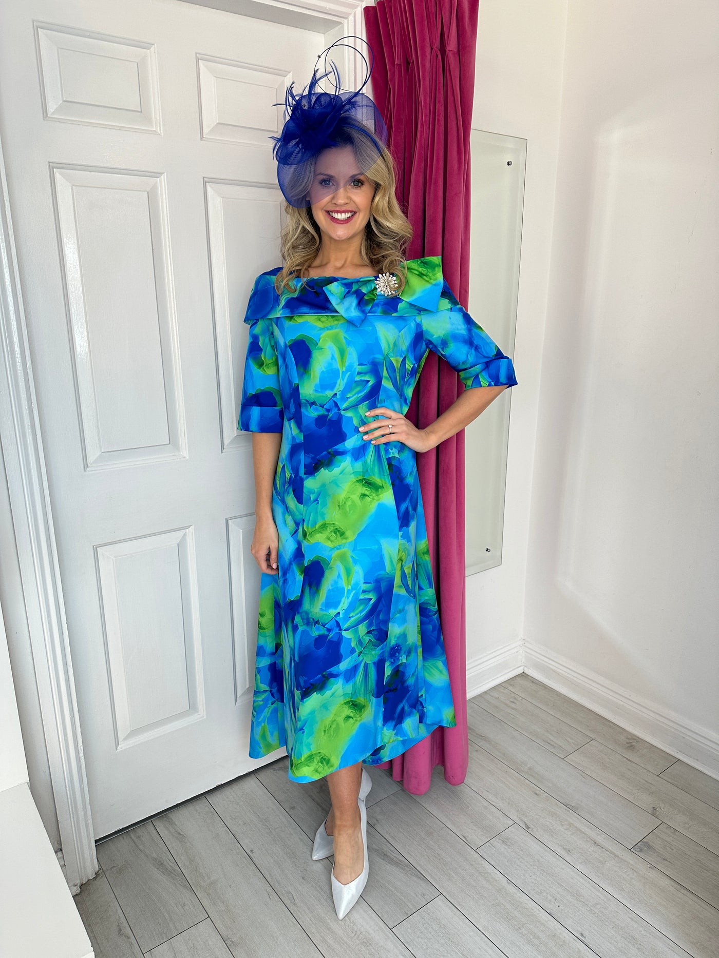 Royal Blue & Green Martha Dress with Diamonte Broach and Bow Detail