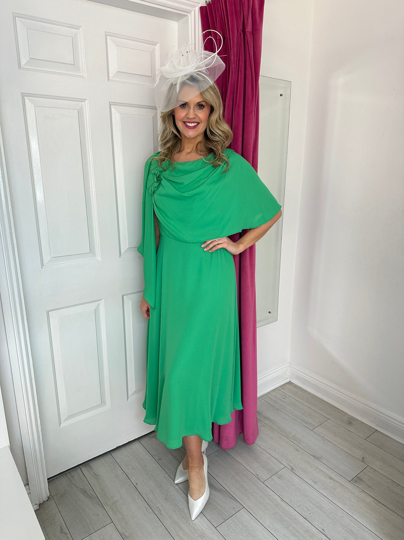 Green Dress with Pleated Chiffon Draped Overlay and Flower Detail