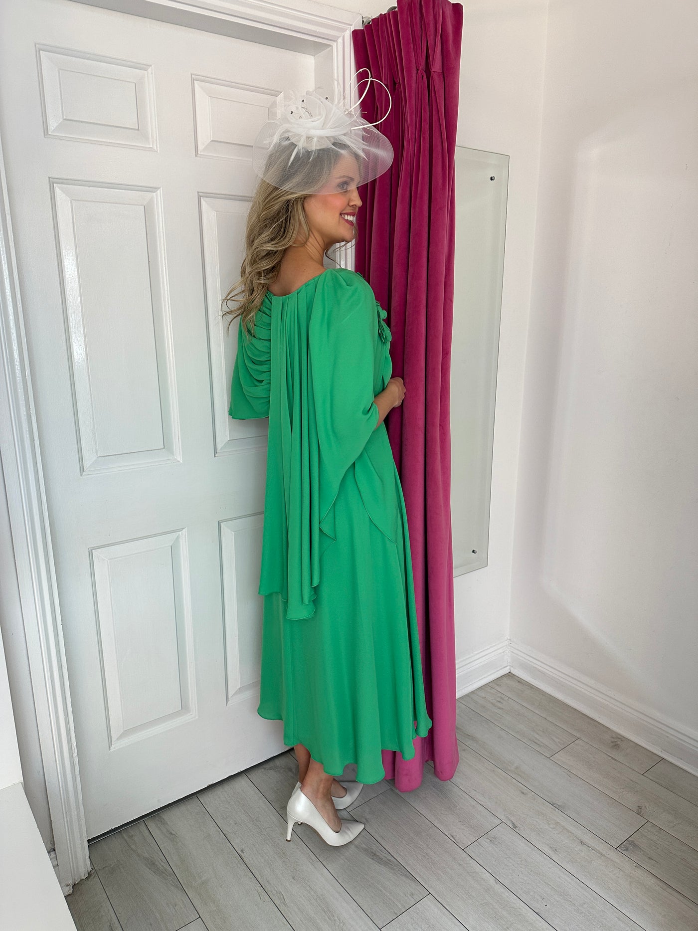 Green Dress with Pleated Chiffon Draped Overlay and Flower Detail