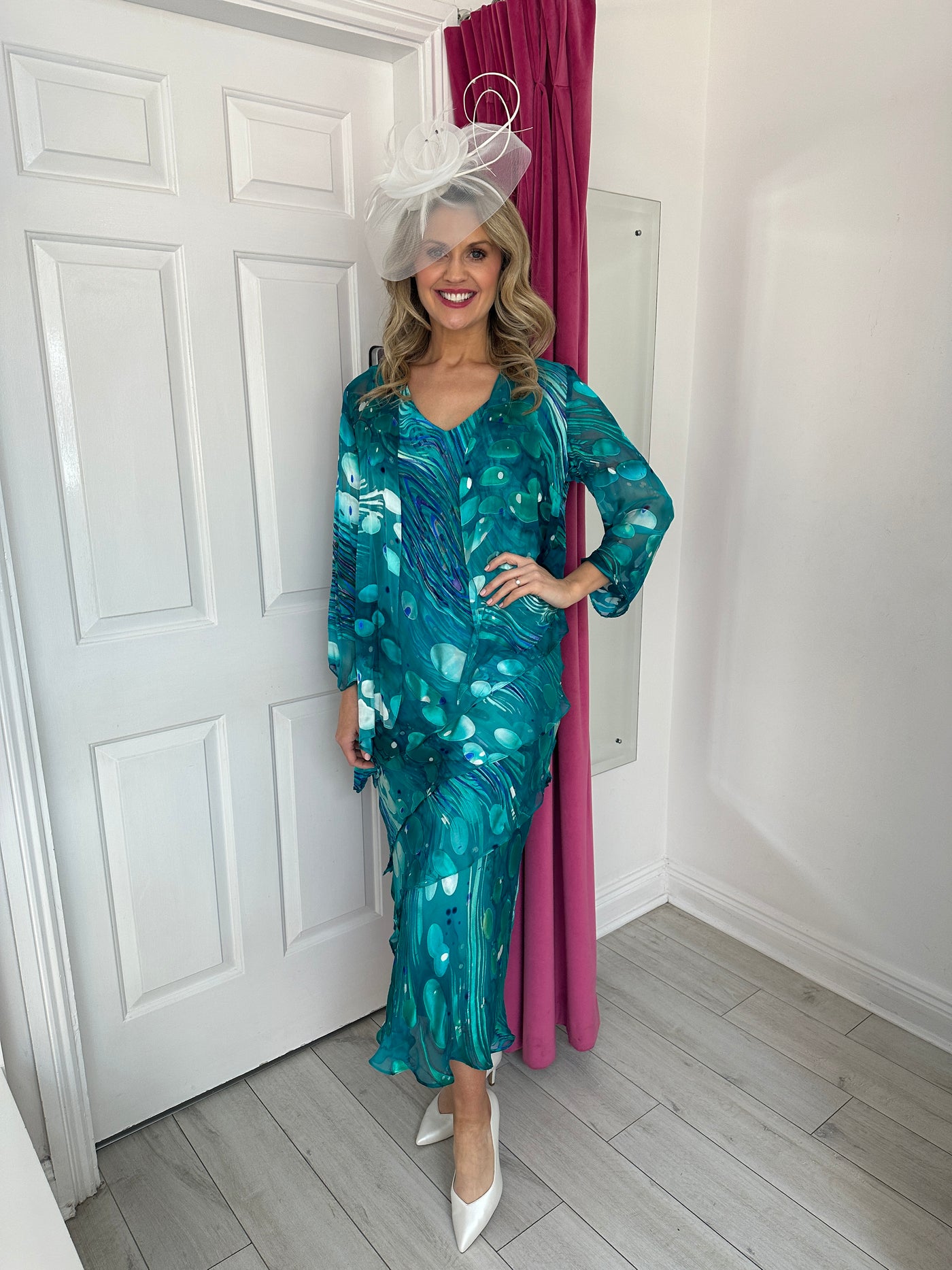 2 Piece Turquoise Printed Dress with Layered Skirt