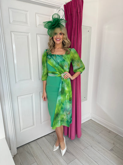 Green Dress With Floral Sheer Sleeve & Chiffon Detailing