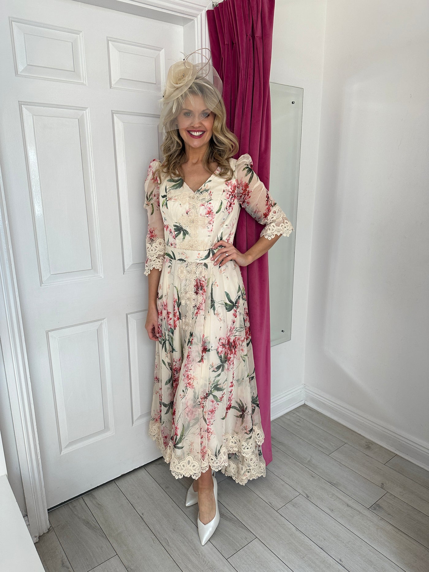 Champagne Dress With Floral Print & Lace Detail