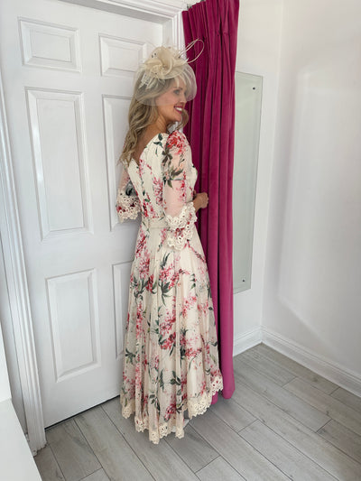 Champagne Dress With Floral Print & Lace Detail