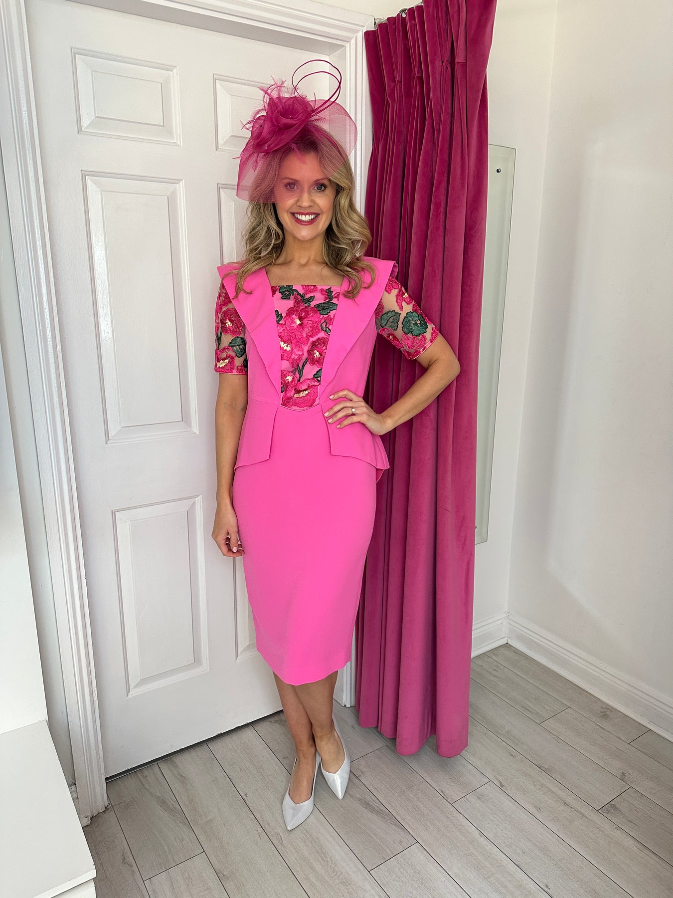 Hot Pink Peplum Shift Dress with Sheer Floral Sleeves and Floral Front
