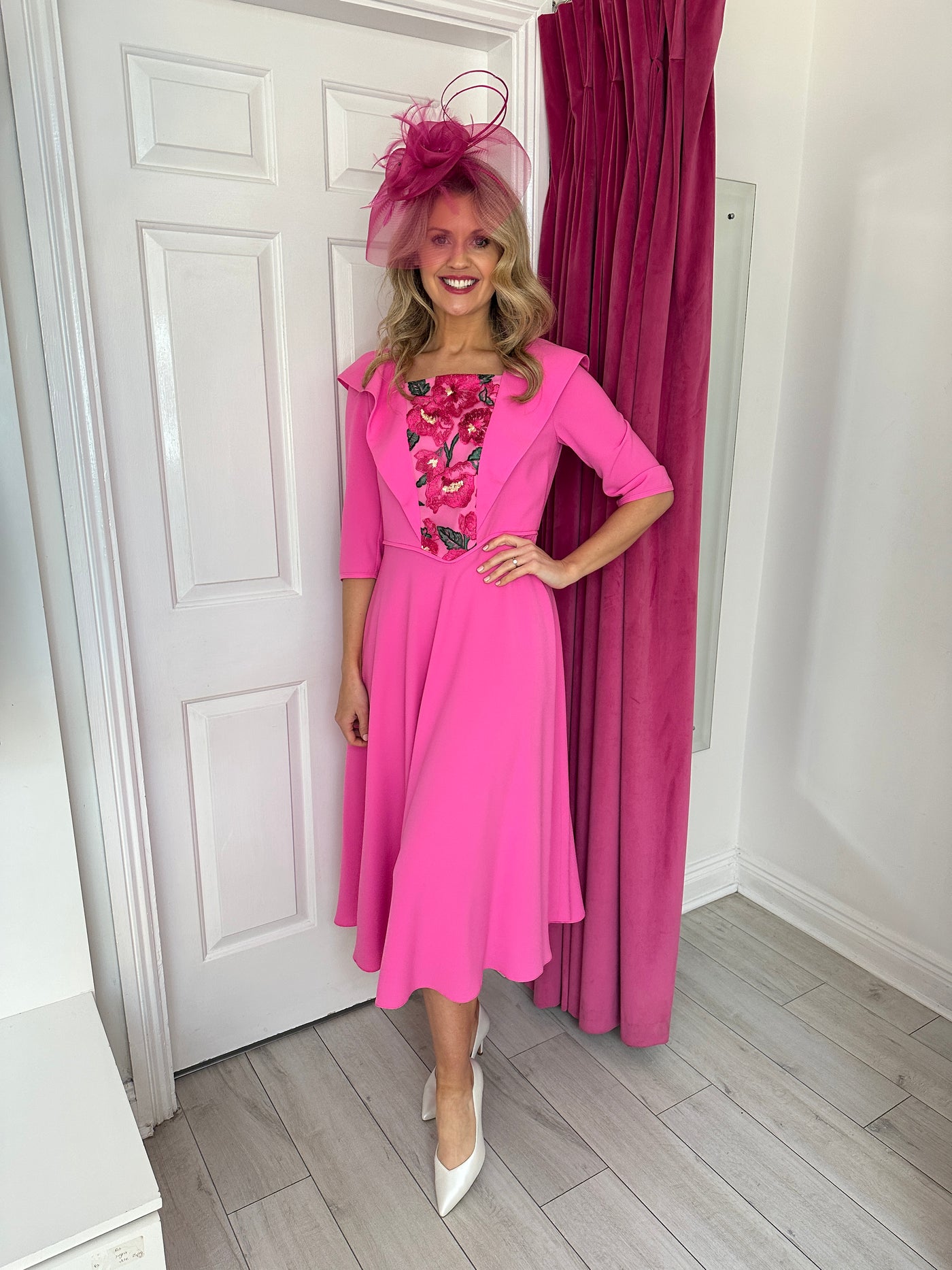 Hot Pink A-Line Dress with 3/4 Sleeves & Floral Detail