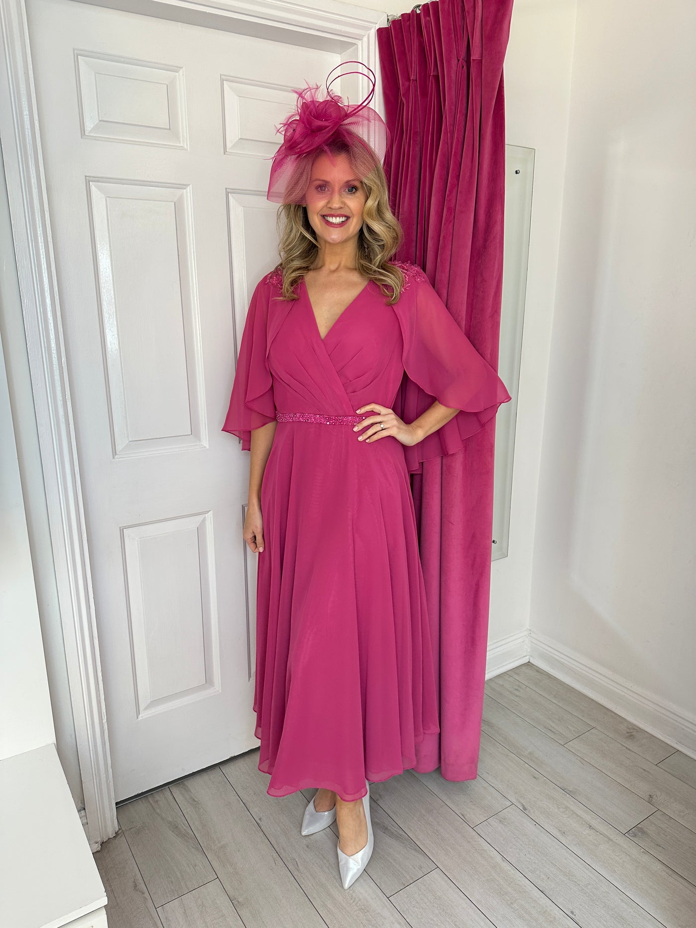 Fuchsia Dress with Sheer Overlay and Embrodiered Flower Detail La Creme Boutique
