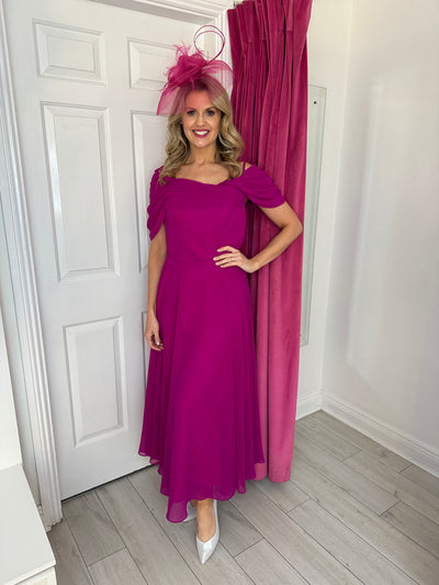Magenta Dress with One Draped Shoulder