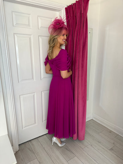 Magenta Dress with One Draped Shoulder