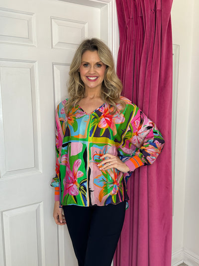 Oversized Multicoloured Floral Print Top with V-Neck & Ribbed Cuffs