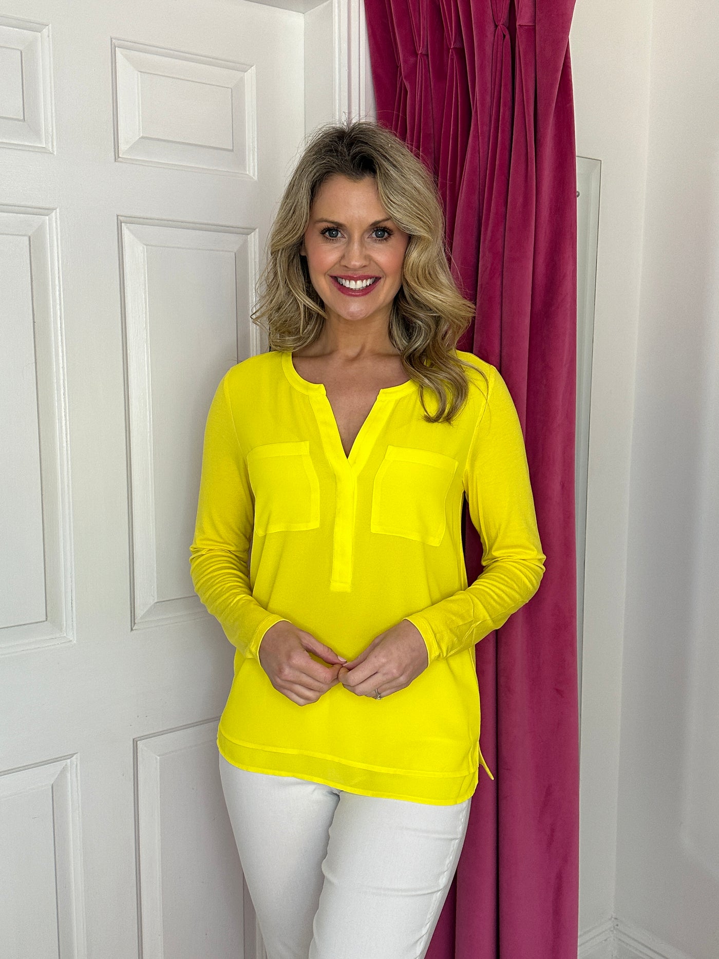 Yellow V-Neck Blouse with Pockets