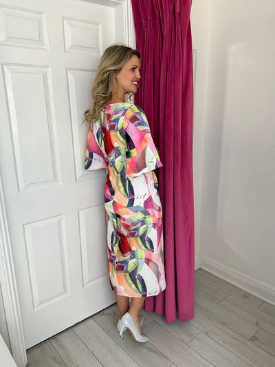 Multicoloured Abstract Print Dress with V Neck and Bell Sleeve