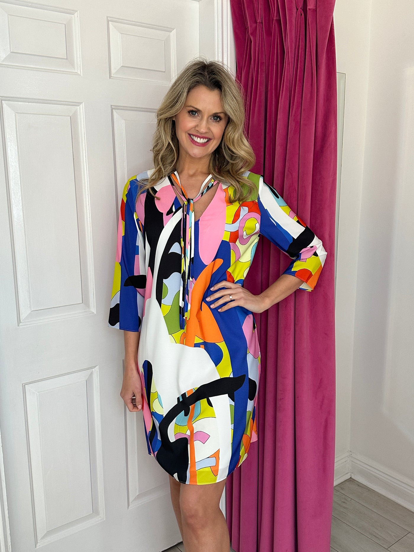 Multicoloured Abstract Print Dress with Tie Neck and 3/4 Sleeve