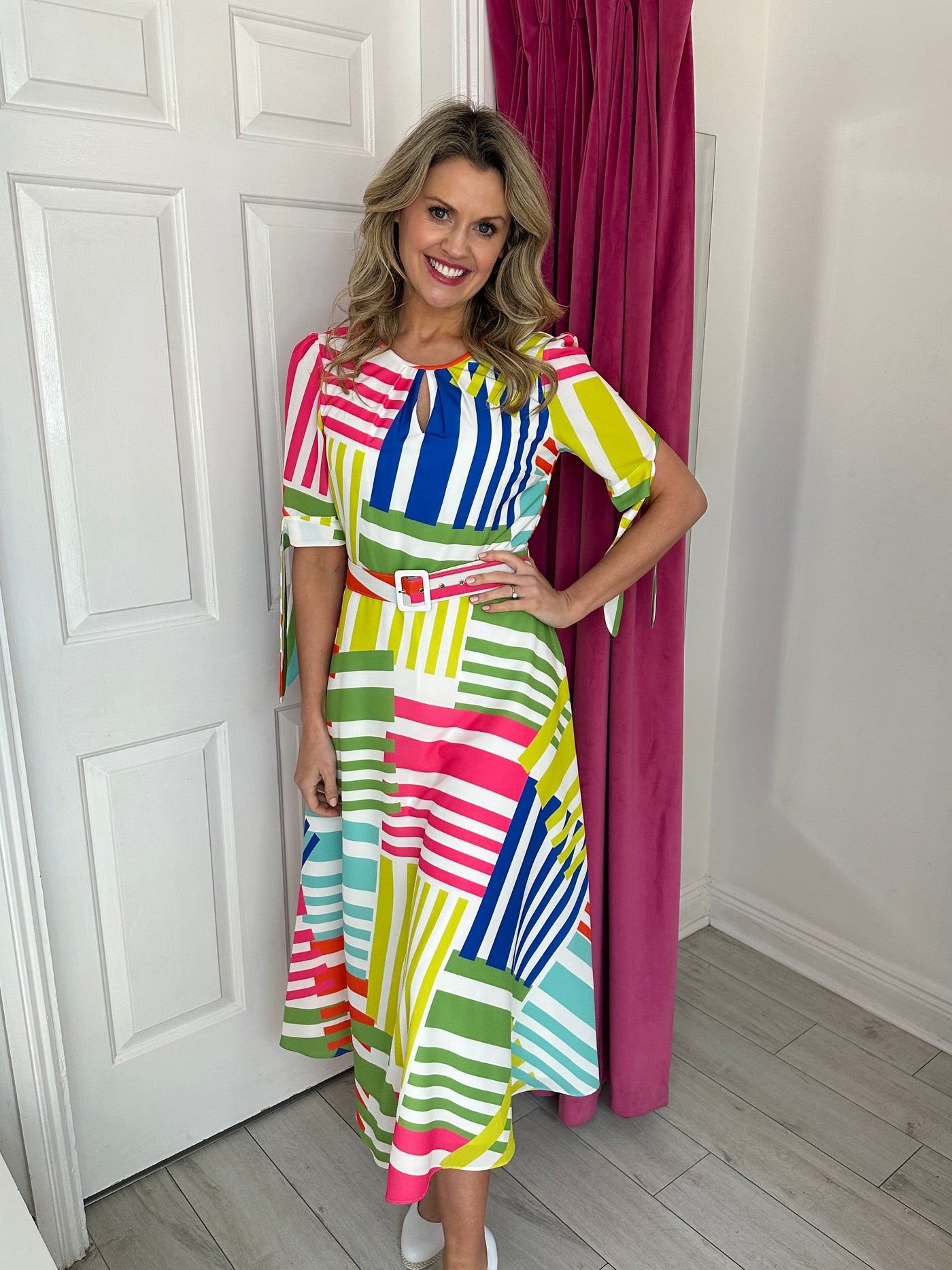 Multicoloured Striped Print Dress with V Neck and Tie Sleeve