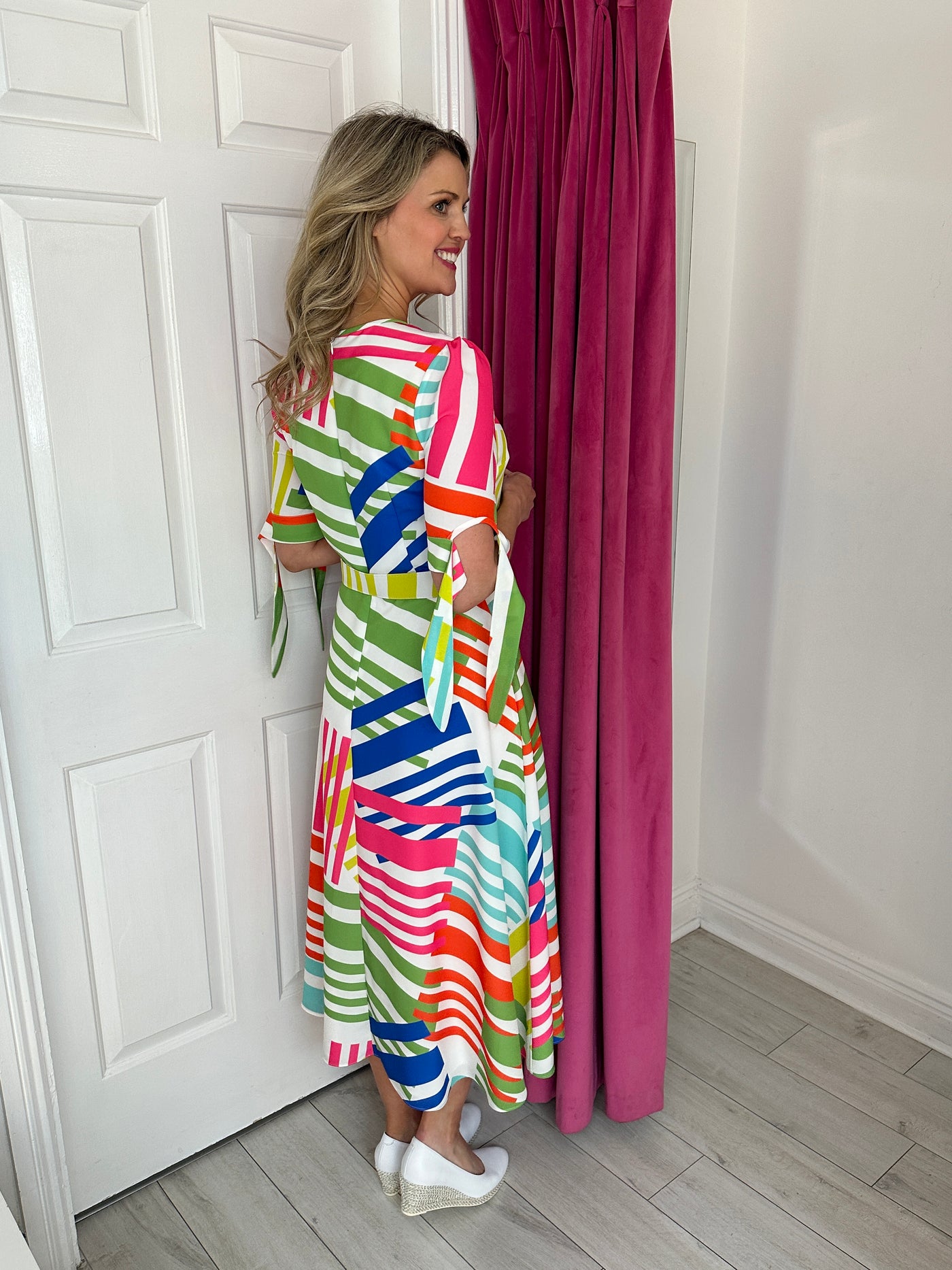 Multicoloured Striped Print Dress with V Neck and Tie Sleeve
