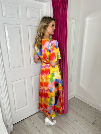 Multicoloured Dress with Bell Sleeves and Tie Belt