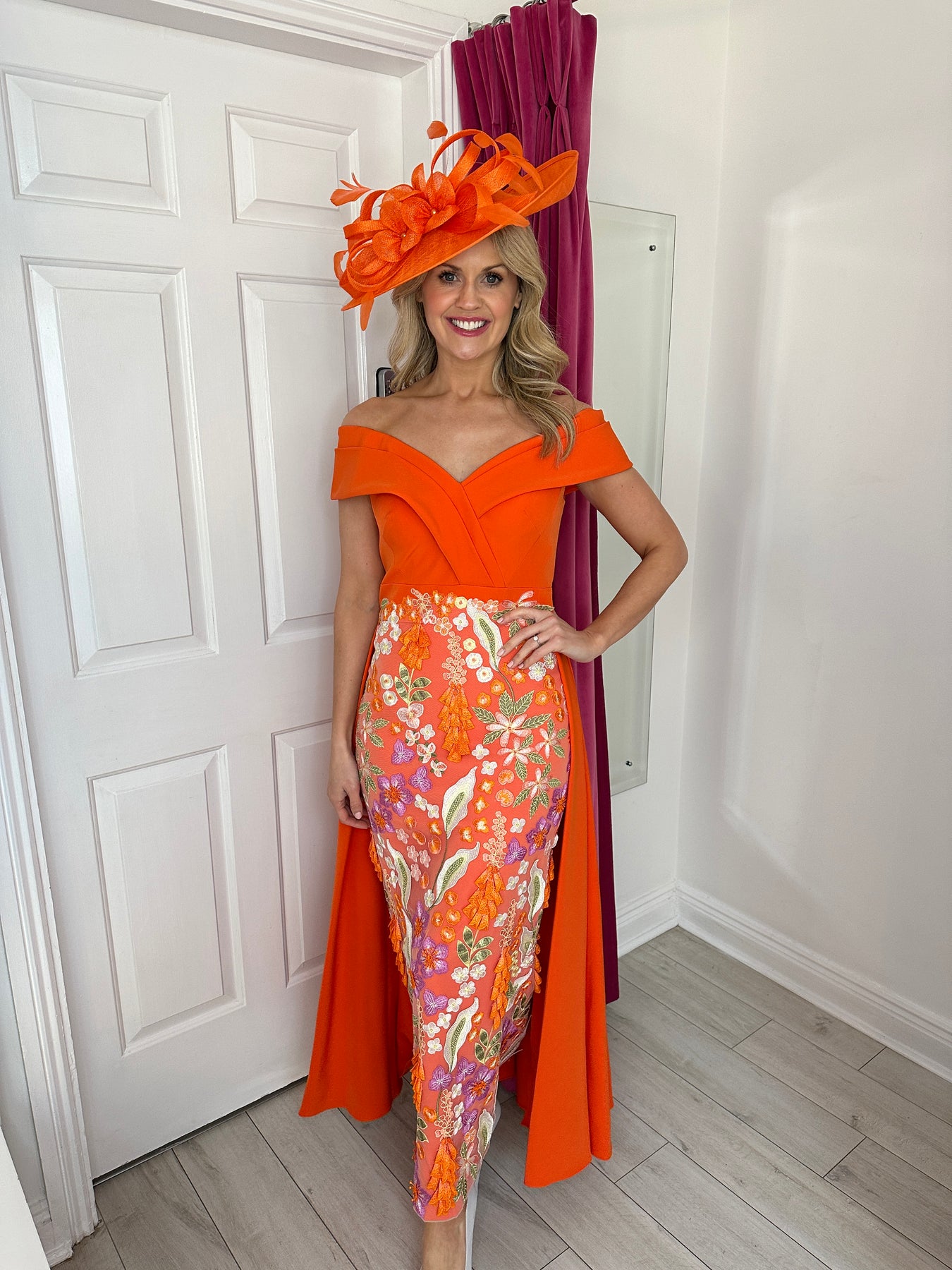 Orange VNeck Botanical Lace Dress with Overskirt La Creme Boutique