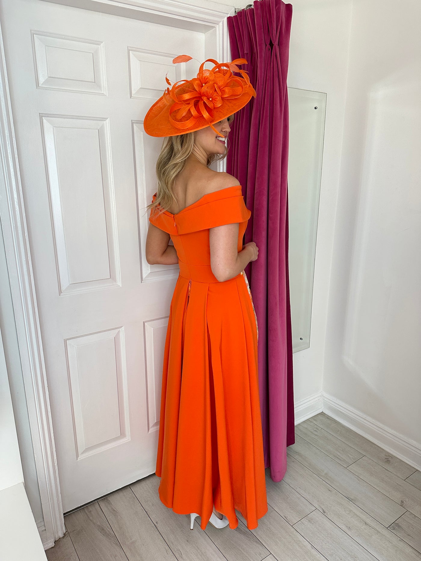 Orange V-Neck Botanical Lace Dress with Overskirt