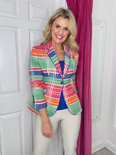 Textured Colourful Blazer with Royal Blue Trim and Buttons