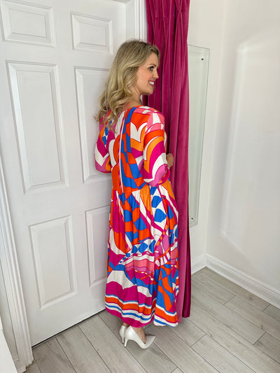 Bright Pink, Orange, and Blue Maxi Dress with V-Neck and 3/4 Sleeves
