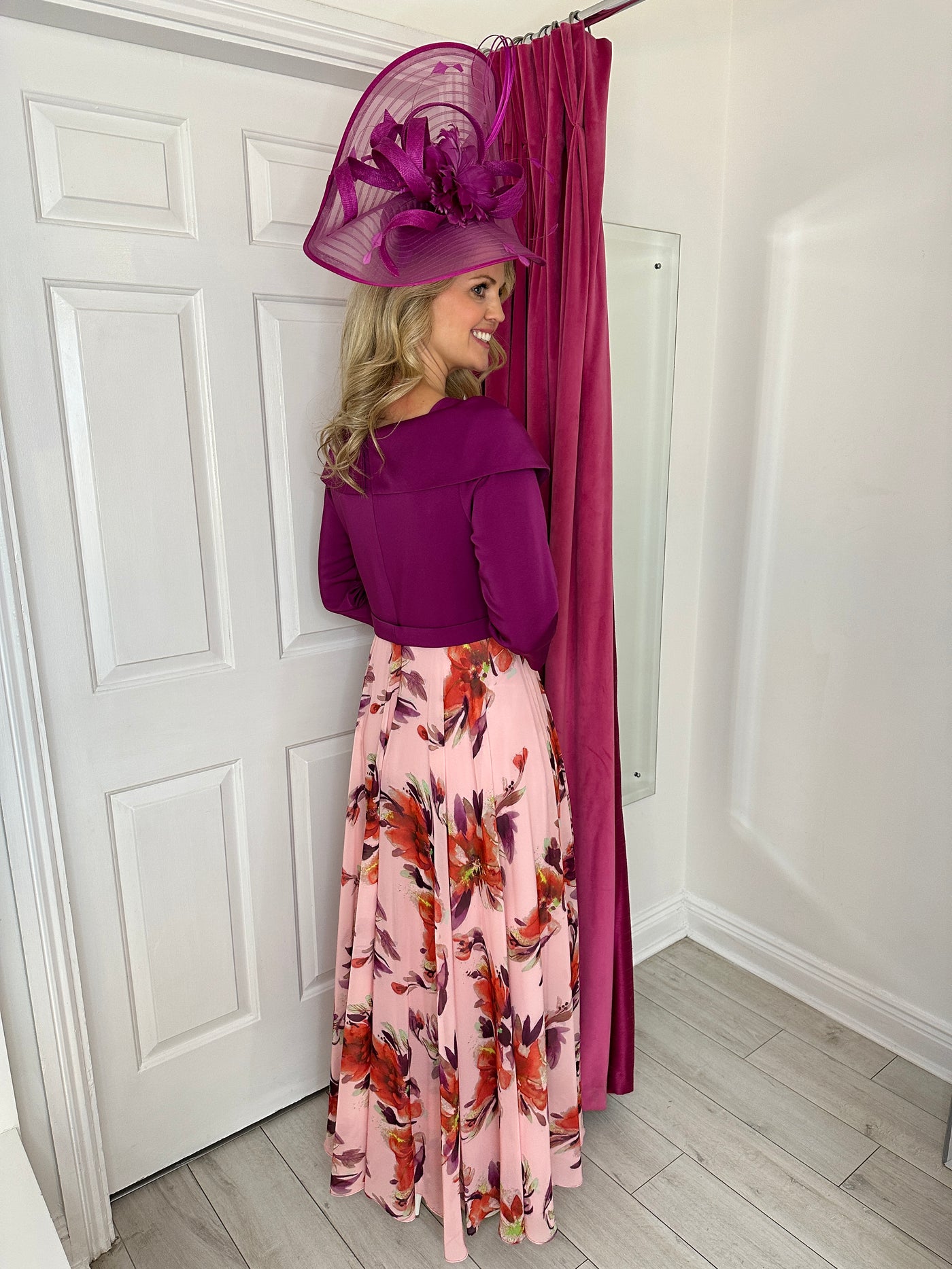 Purple/Pink Dress With Floral Pattern & Pleated Skirt