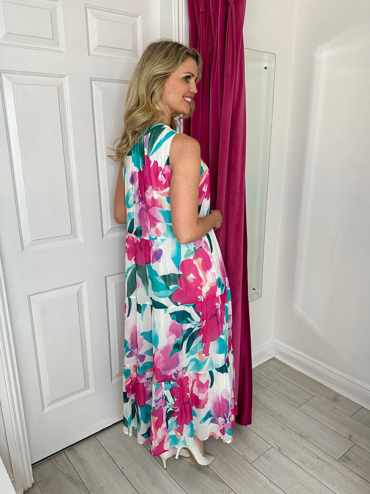 Pink/Turquoise Orchid Print Maxi Dress