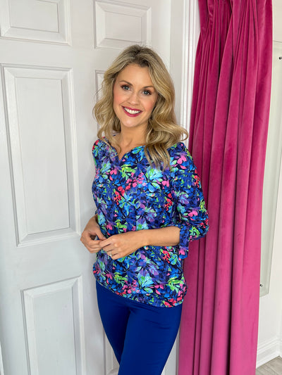 Blue V Neck Top with Floral Design and 3/4 Tie Detail Sleeve