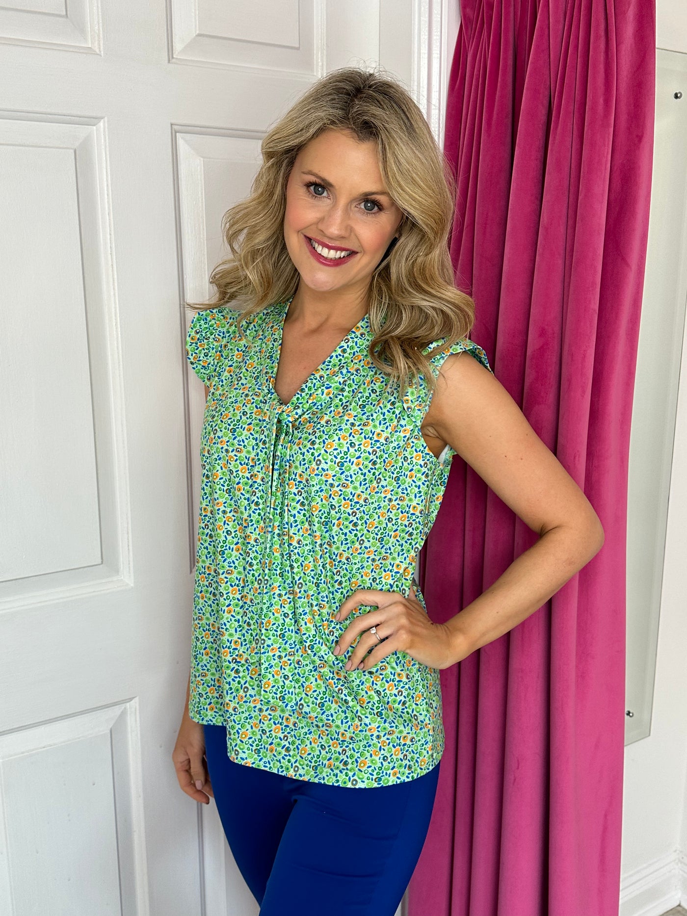 Green Printed Top with Frill Sleeve and Tie Neck Detail