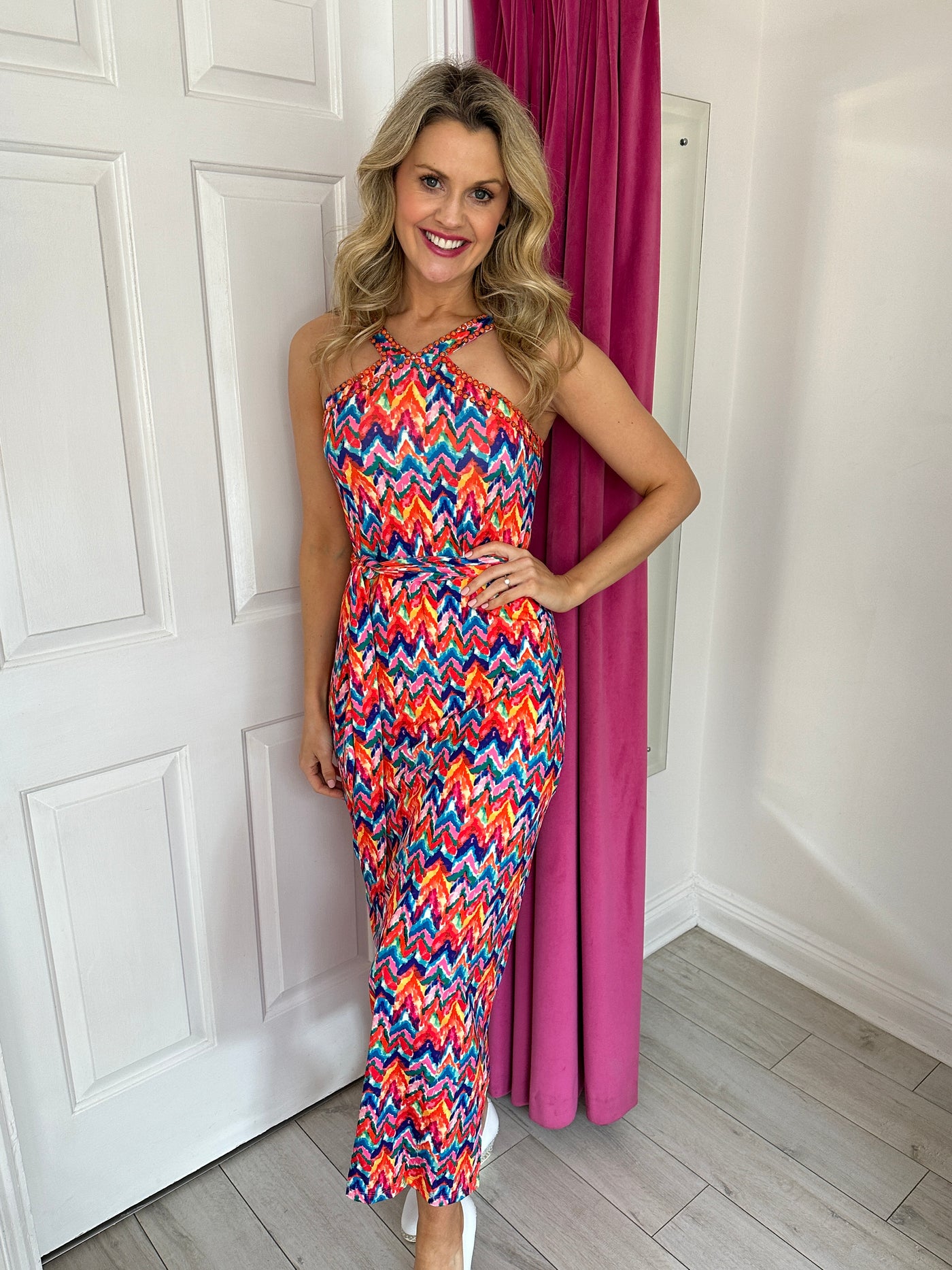 Multicoloured Midi Dress With Strap & Beading Detail