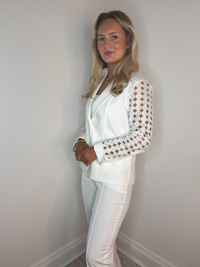 2 Piece Cream Trouser Suit With Circle Design Sleeve