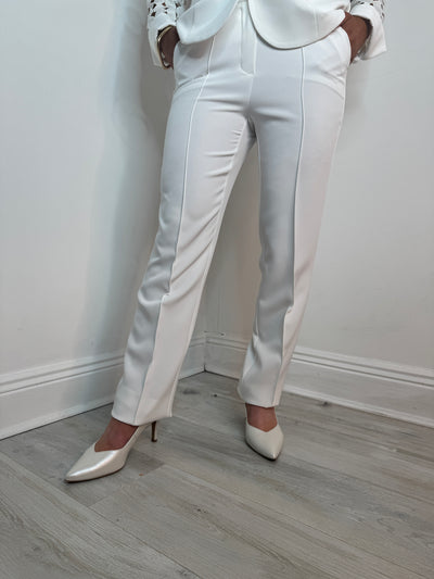 2 Piece Cream Trouser Suit With Circle Design Sleeve