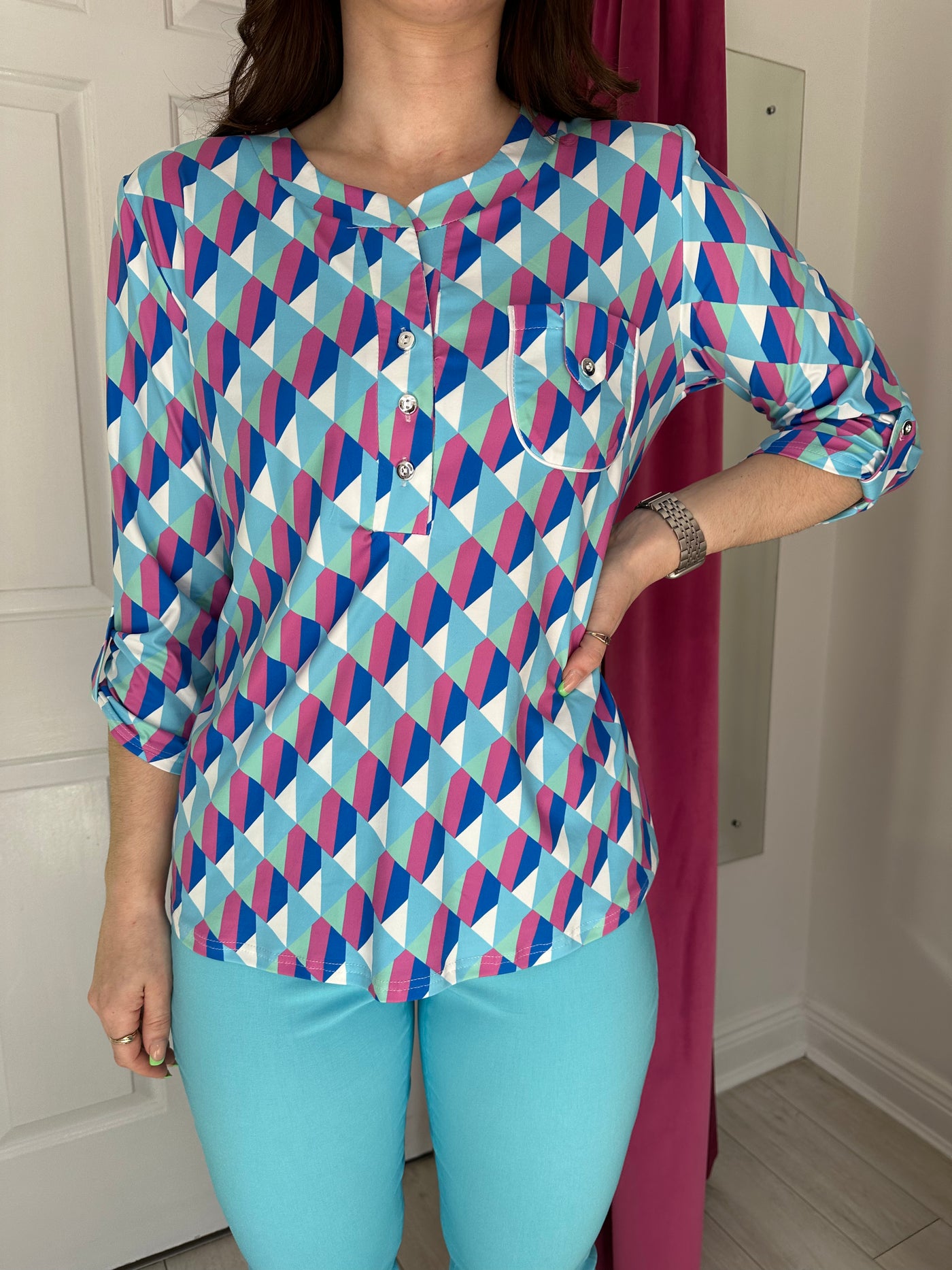 Multicoloured Abstract Print Top With Pocket