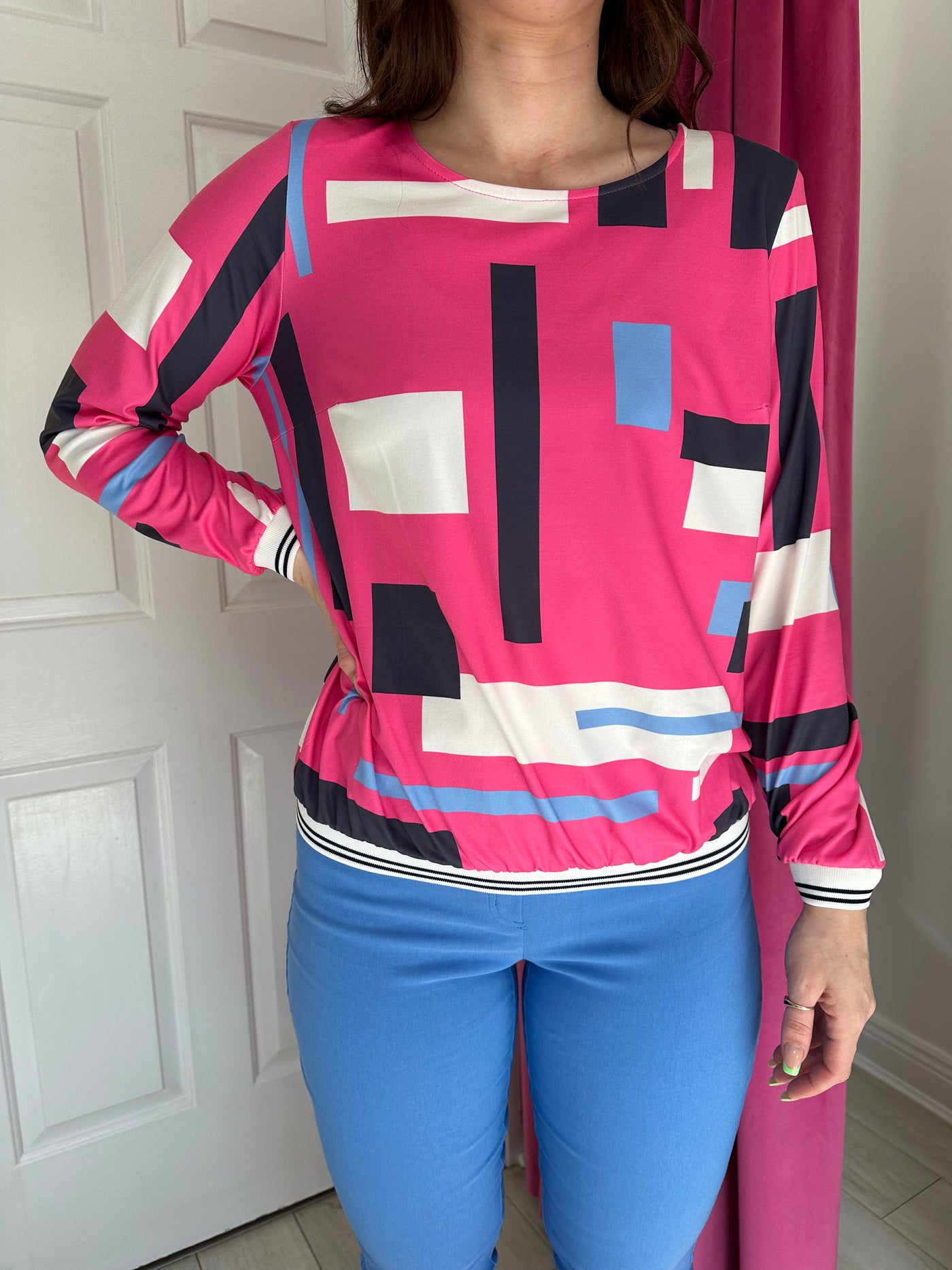 Pink Abstract Print Top with Cuffed Sleeves and Waistband